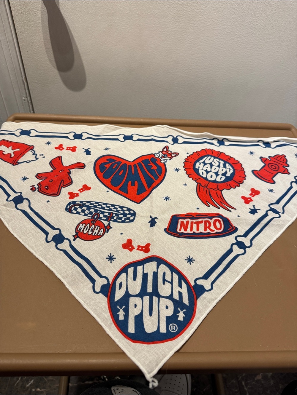 Dutch Bros White Dog Bandana with Red & Blue Graphics